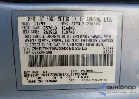 1998 Mercury Grand Marquis из США, поврежденный, VIN 2MEFM75WXWX602515